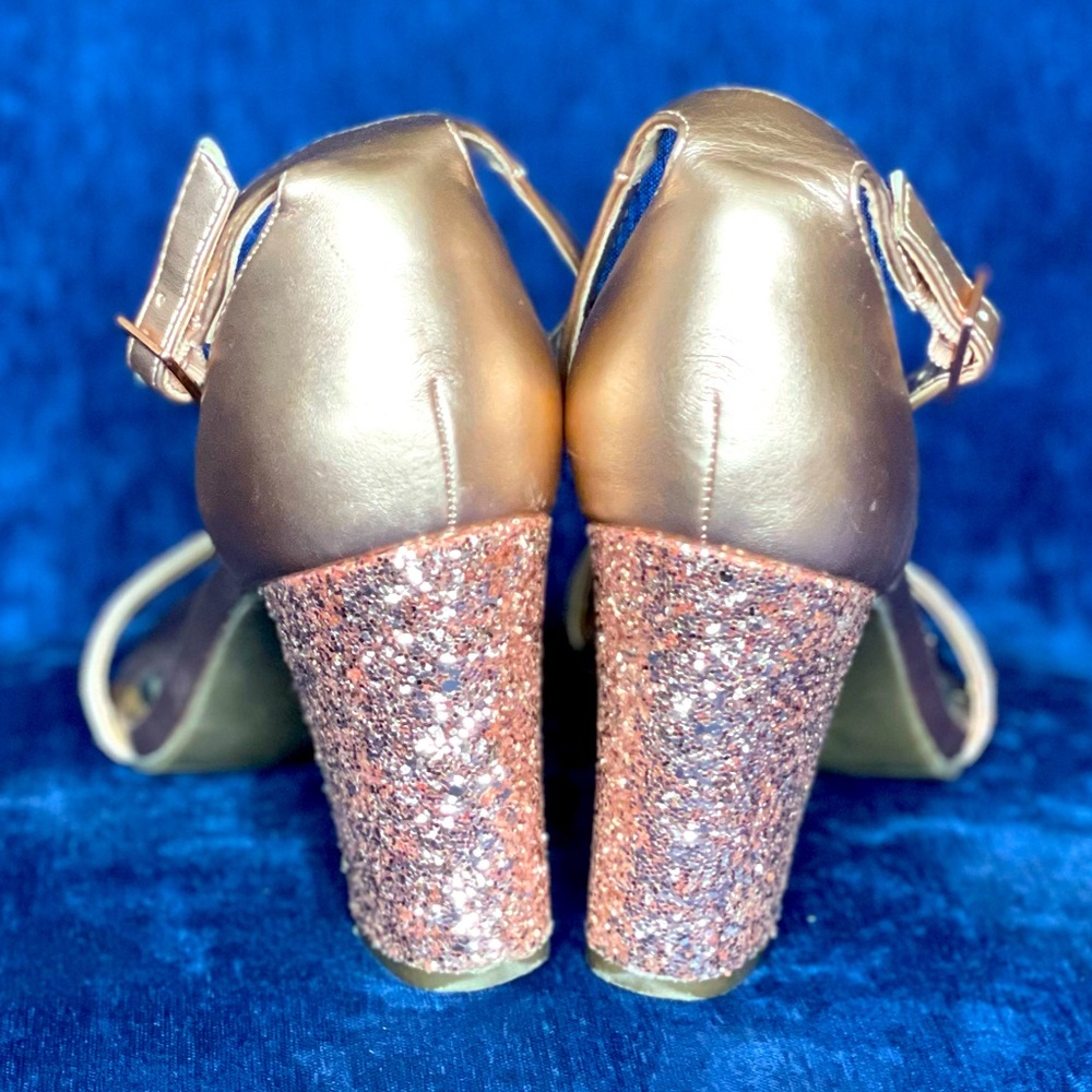 Sparkly Hot Pink Glitter Open Toe Ankle Strap Block Heels - Picture 2 of 9